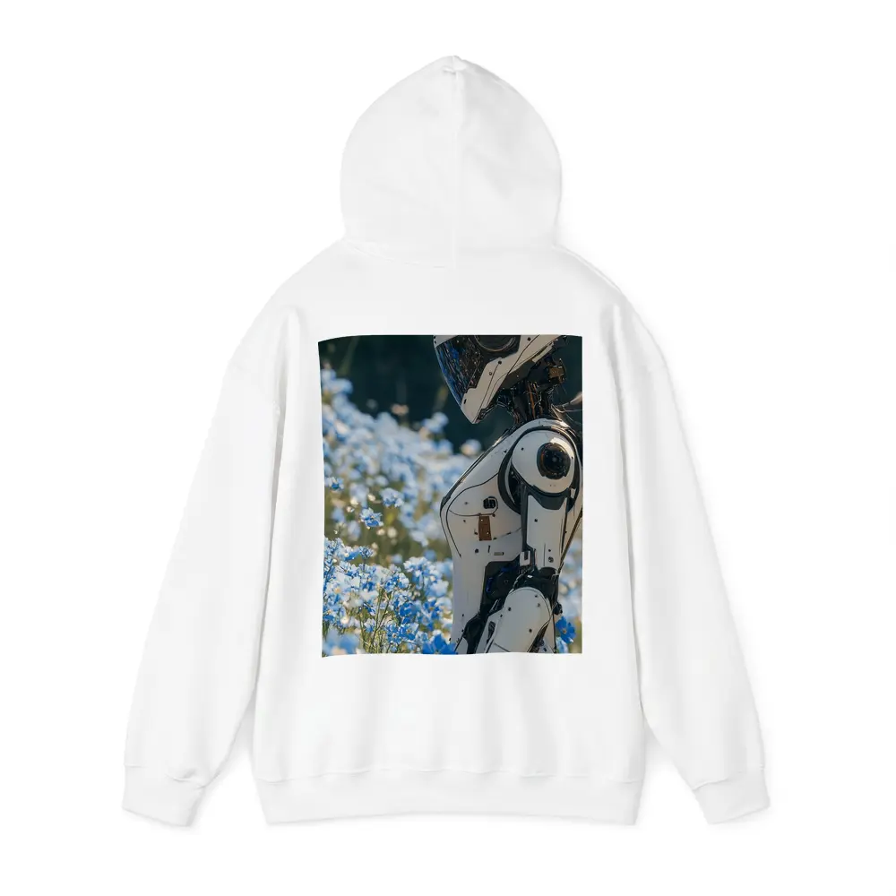 White Robot Standing Among Blue Wildflowers – Hoodies