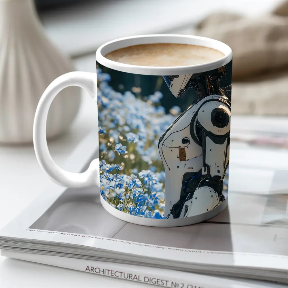 White Robot Standing Among Blue Wildflowers – Mugs