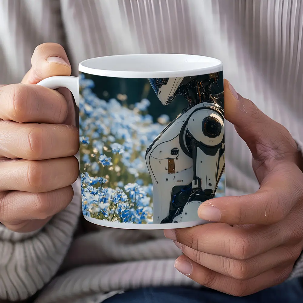 White Robot Standing Among Blue Wildflowers – Mugs