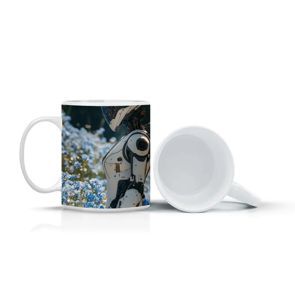 White Robot Standing Among Blue Wildflowers – Mugs