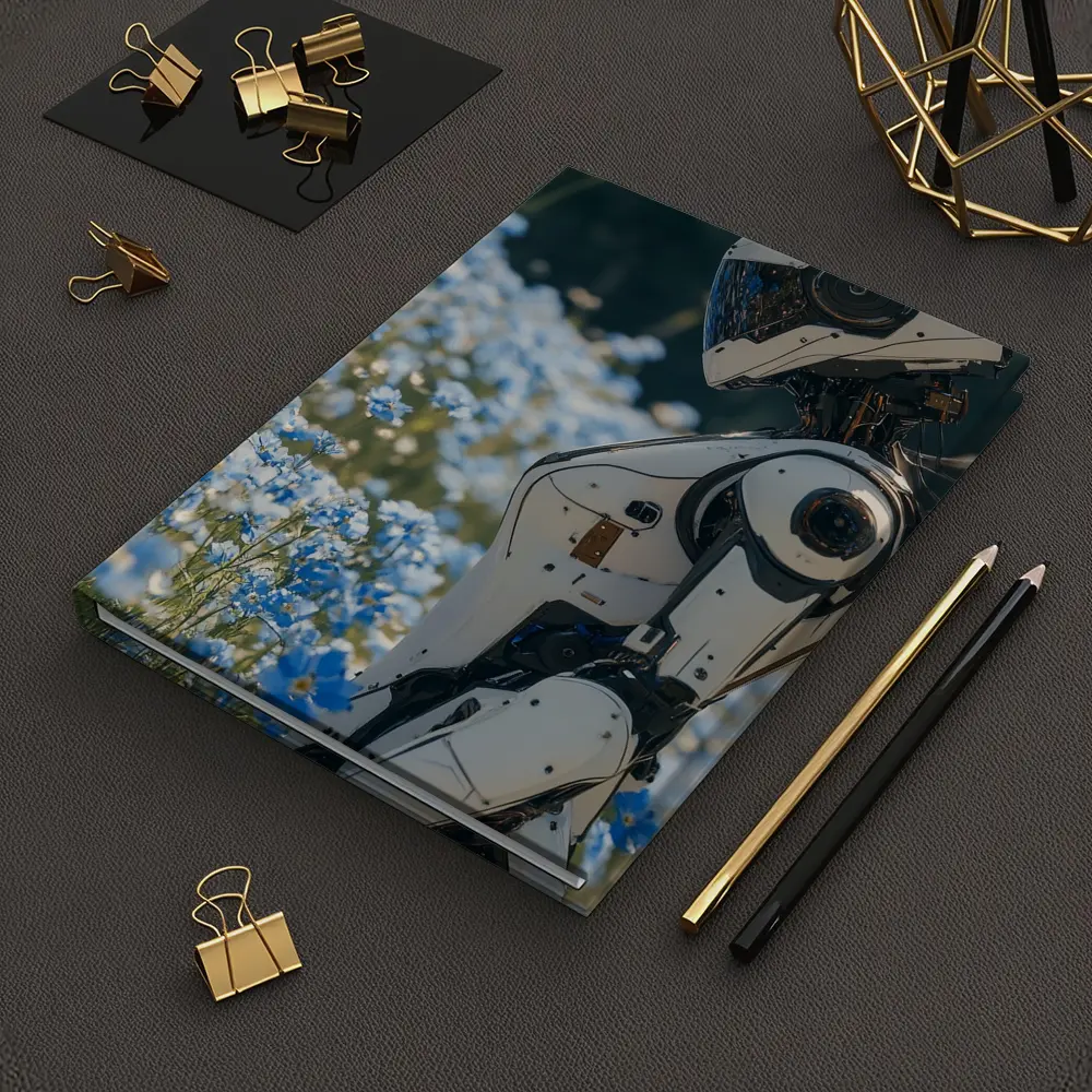 White Robot Standing Among Blue Wildflowers – Notebooks