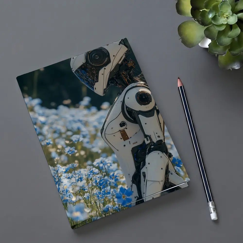 White Robot Standing Among Blue Wildflowers – Notebooks