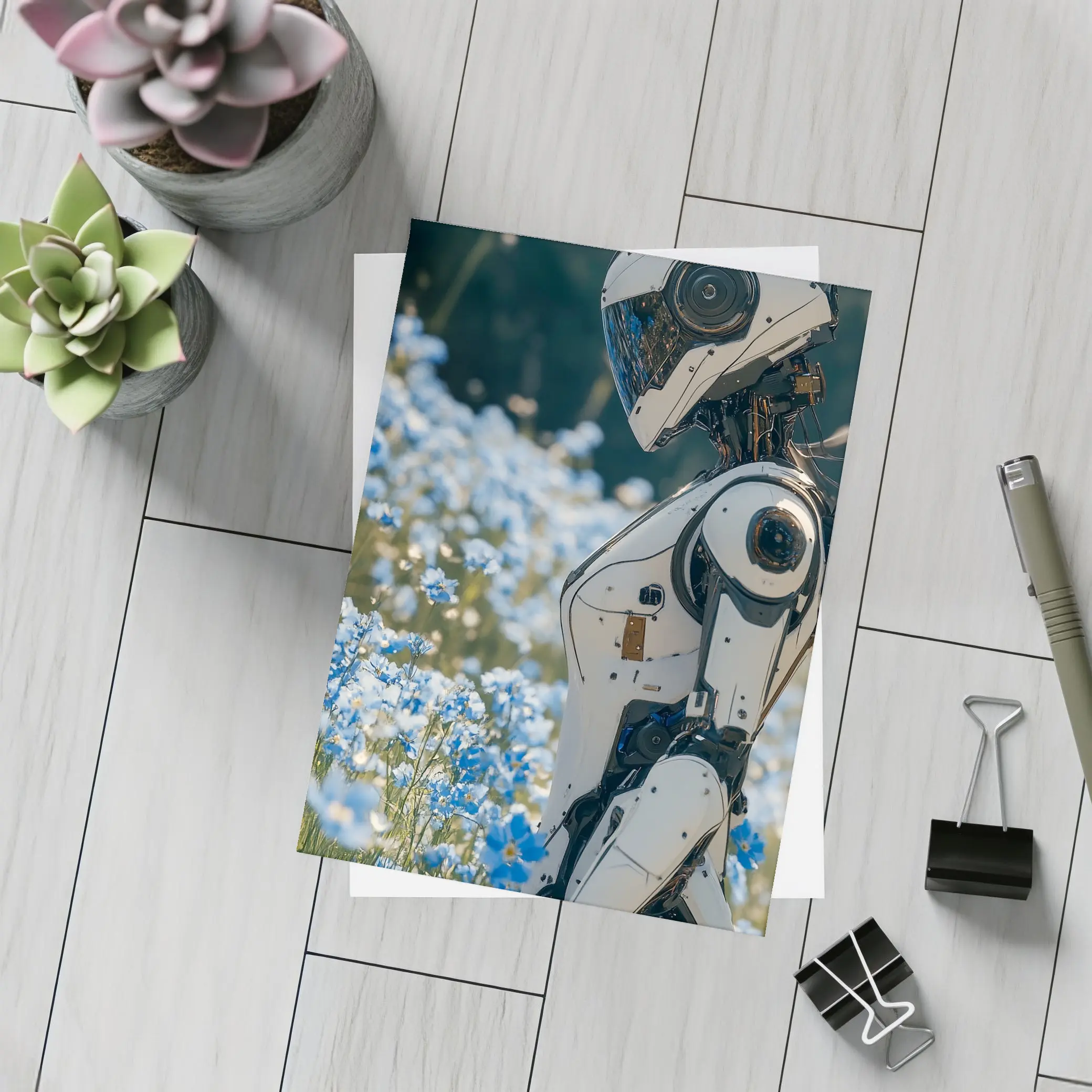 White Robot Standing Among Blue Wildflowers – Postcards