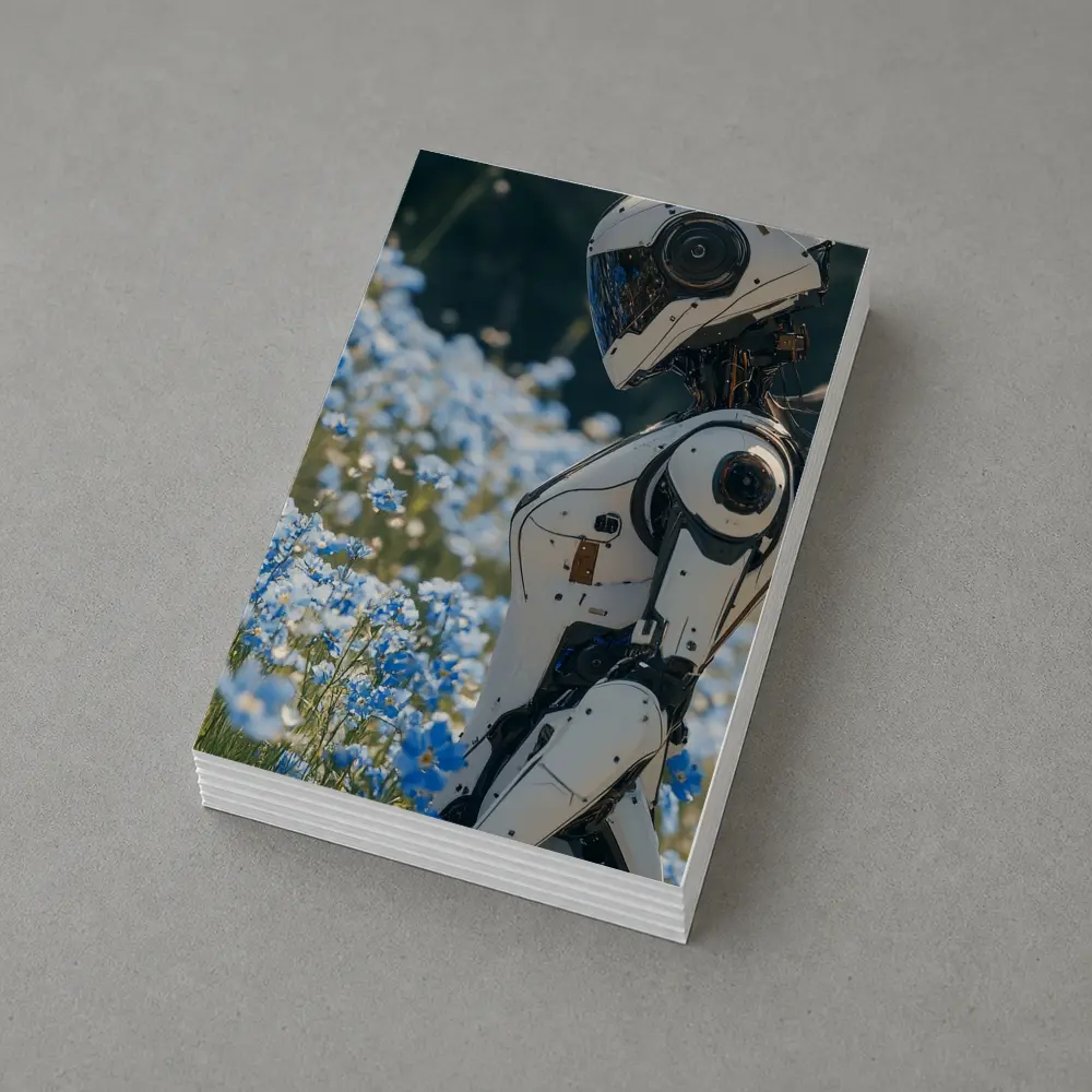 White Robot Standing Among Blue Wildflowers – Postcards