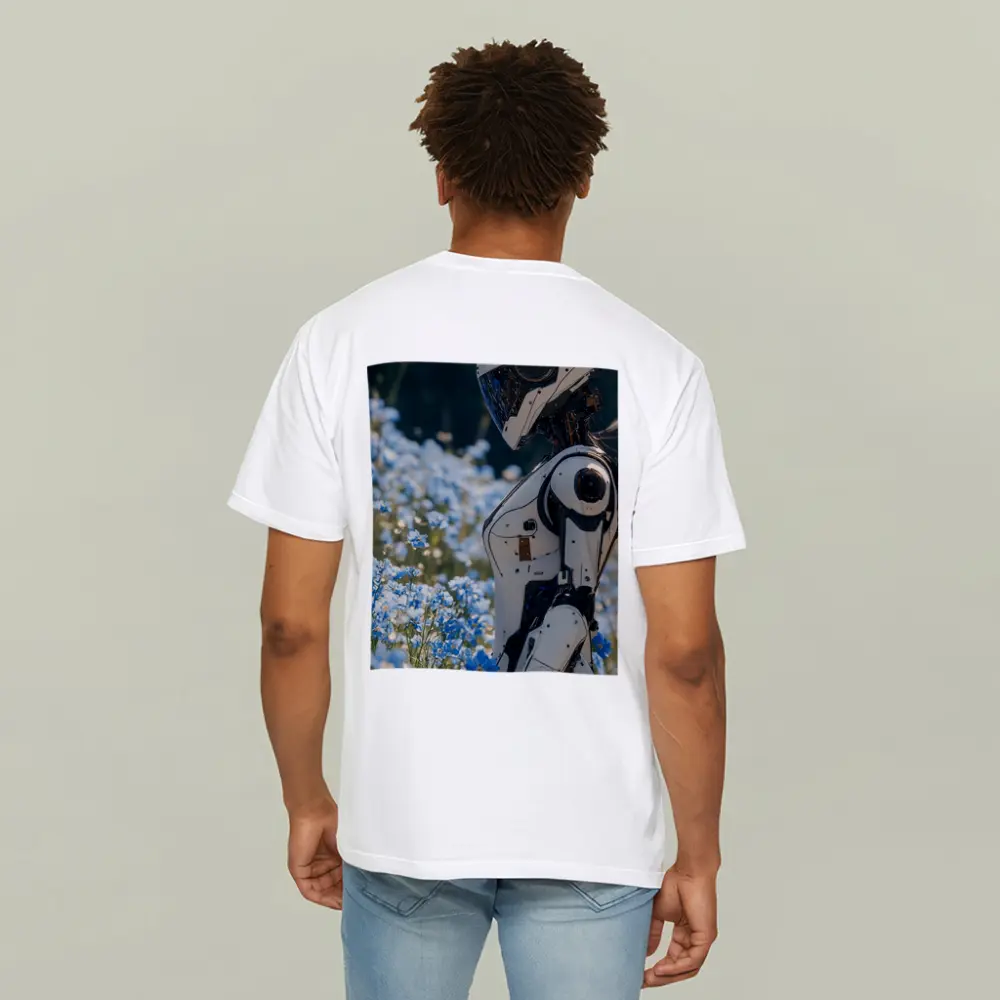 White Robot Standing Among Blue Wildflowers – T-Shirts