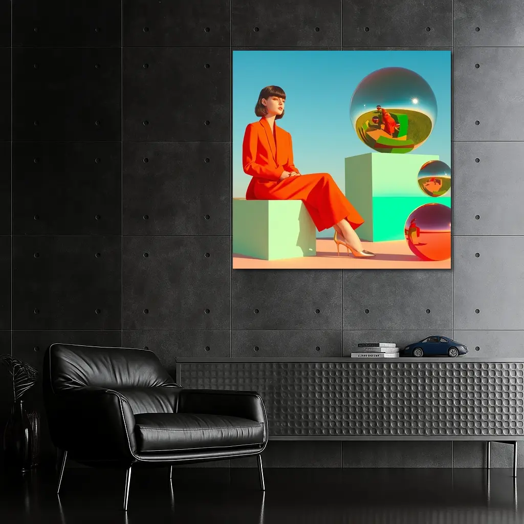 Woman Red Suit Surreal Geometric Spheres Scene – Wall Art
