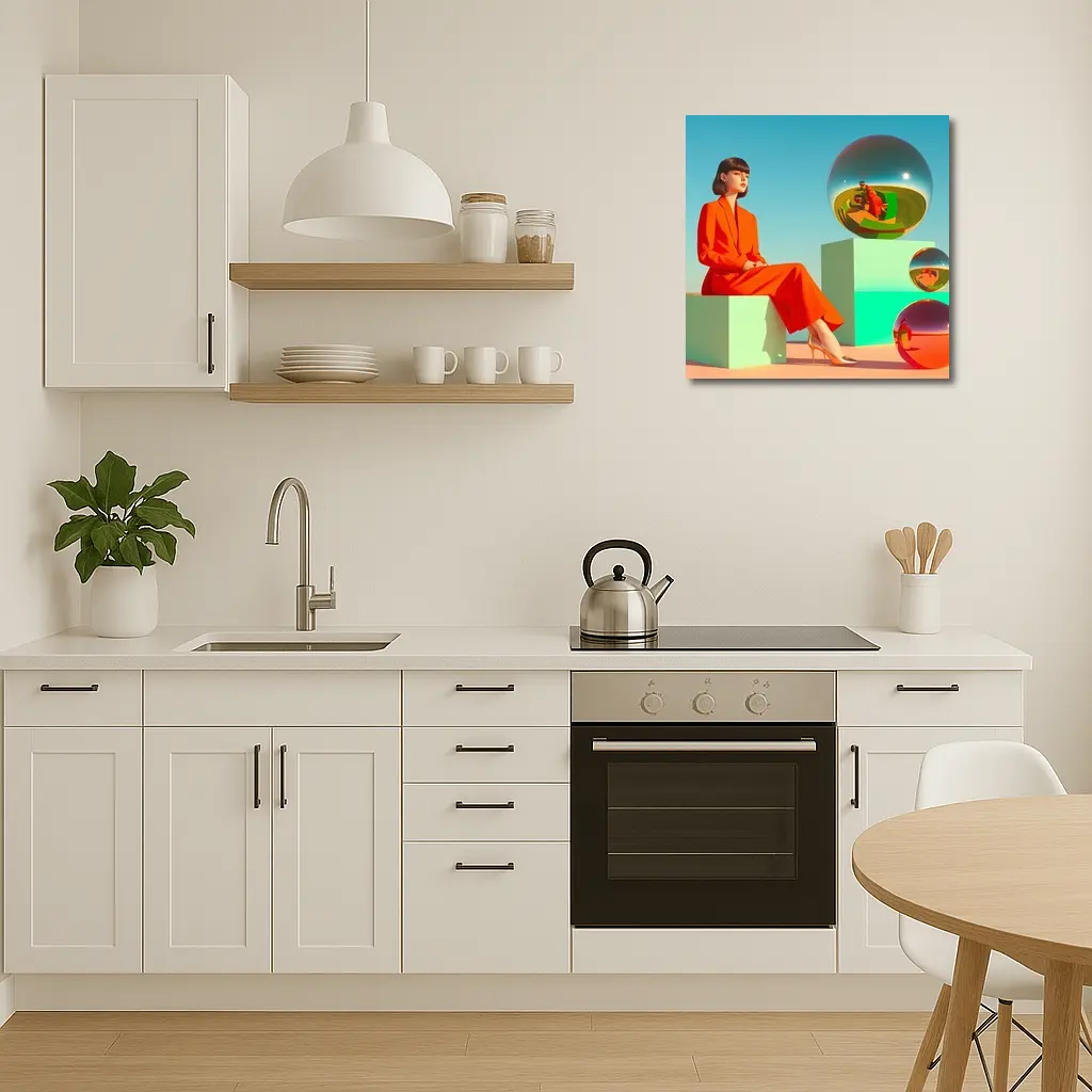 Woman Red Suit Surreal Geometric Spheres Scene – Wall Art