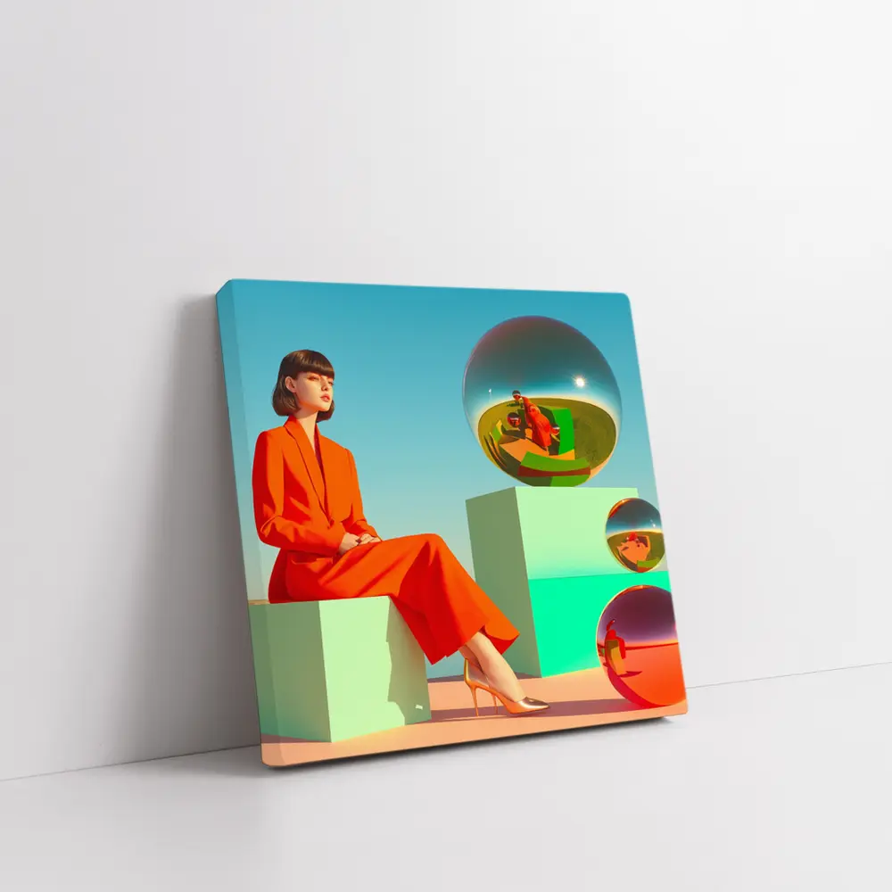 Woman Red Suit Surreal Geometric Spheres Scene – Wall Art