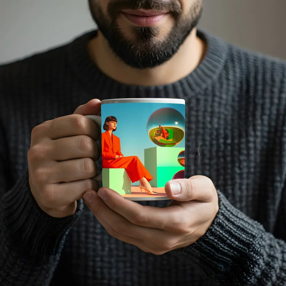 Woman Red Suit Surreal Geometric Spheres Scene – Mugs