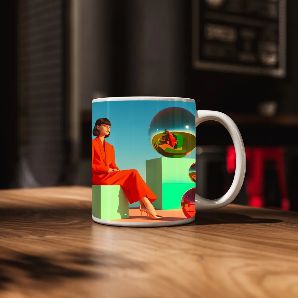 Woman Red Suit Surreal Geometric Spheres Scene – Mugs