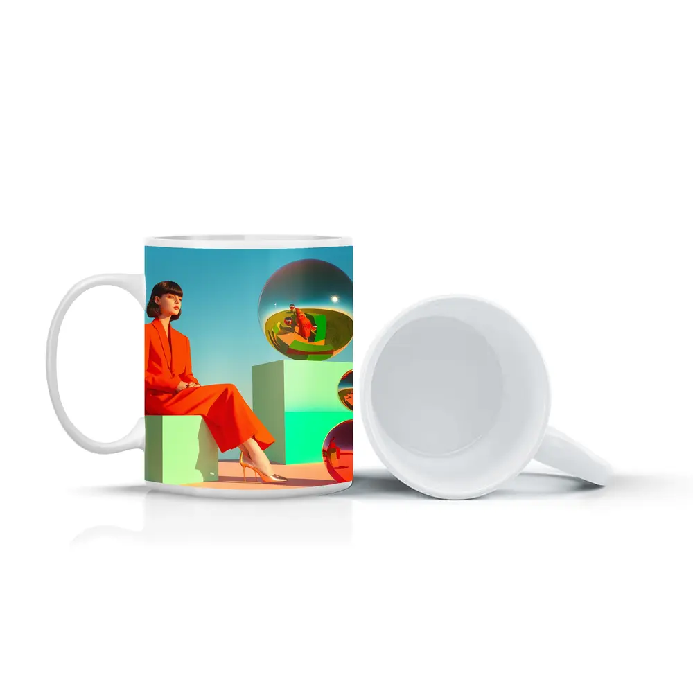 Woman Red Suit Surreal Geometric Spheres Scene – Mugs