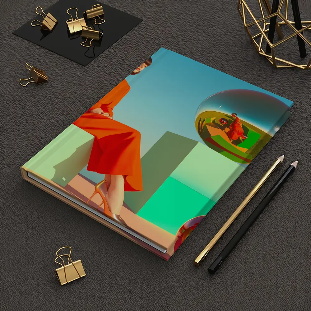 Woman Red Suit Surreal Geometric Spheres Scene – Notebooks