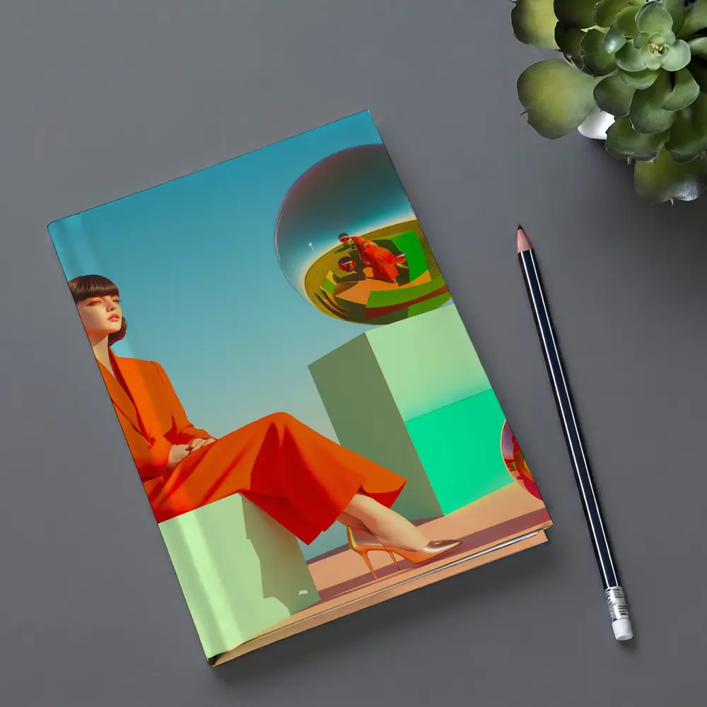 Woman Red Suit Surreal Geometric Spheres Scene – Notebooks