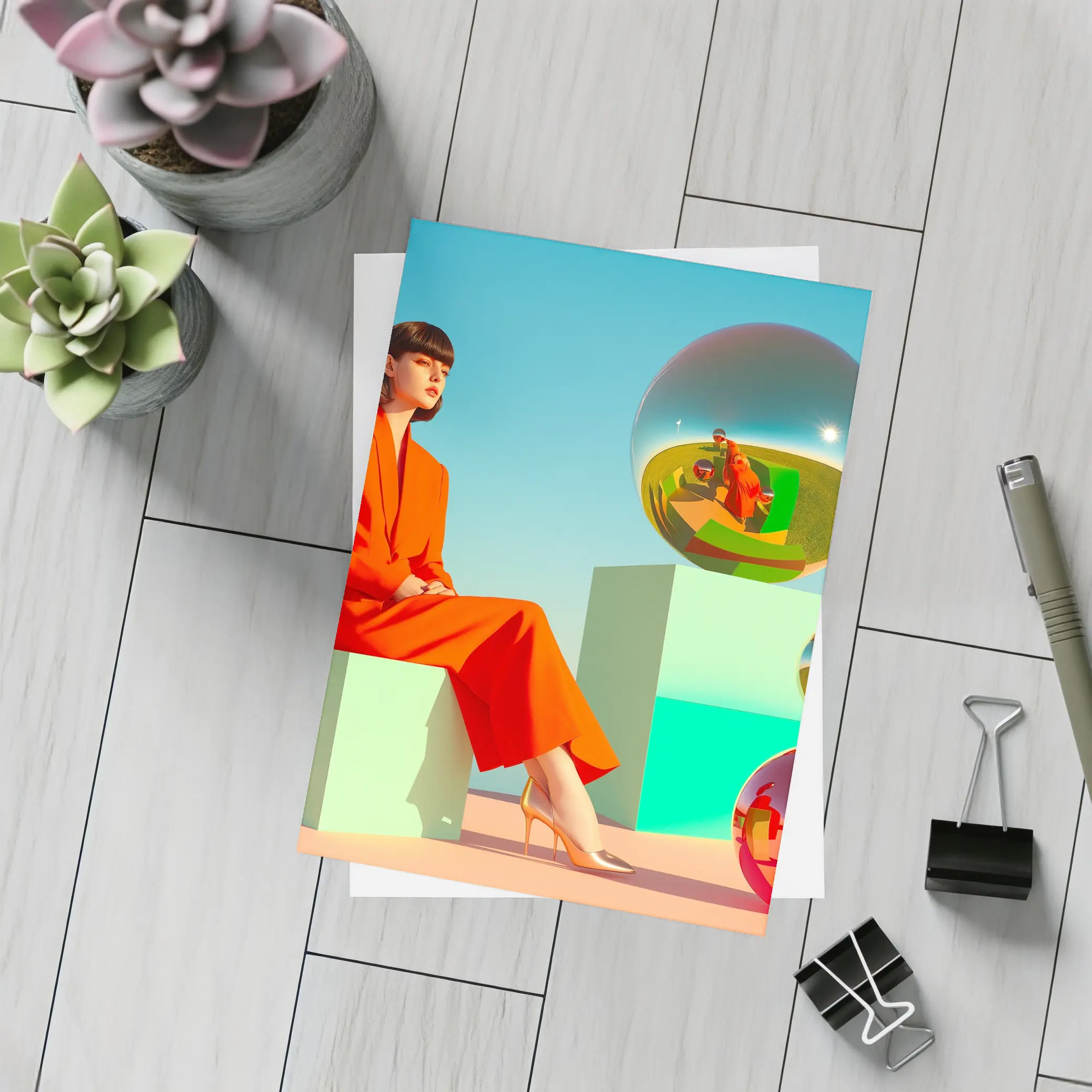 Woman Red Suit Surreal Geometric Spheres Scene – Postcards