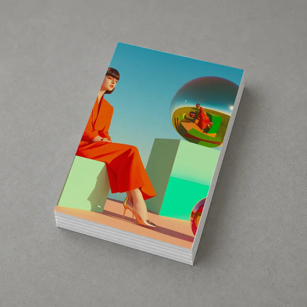 Woman Red Suit Surreal Geometric Spheres Scene – Postcards
