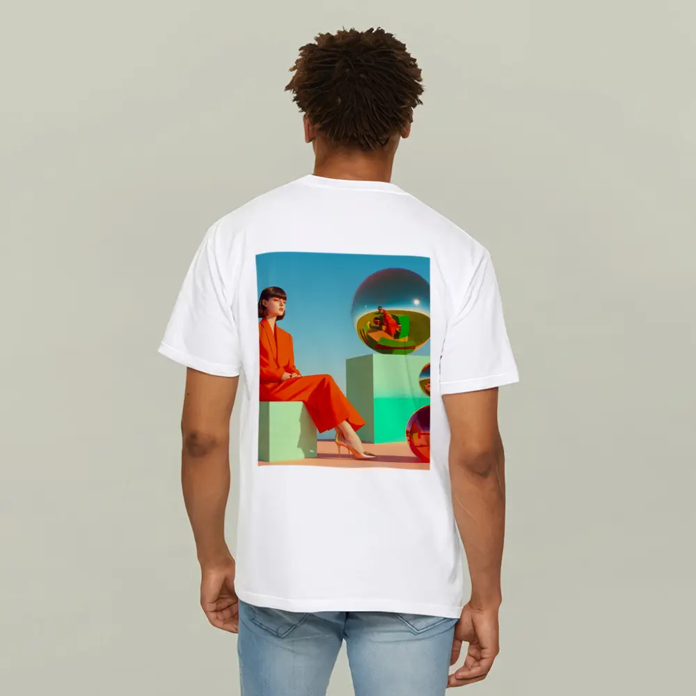Woman Red Suit Surreal Geometric Spheres Scene – T-Shirts