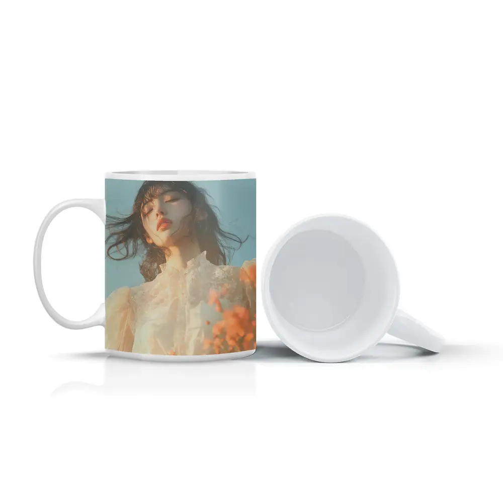 Young Woman Lace Dress Soft Sky Background – Mugs