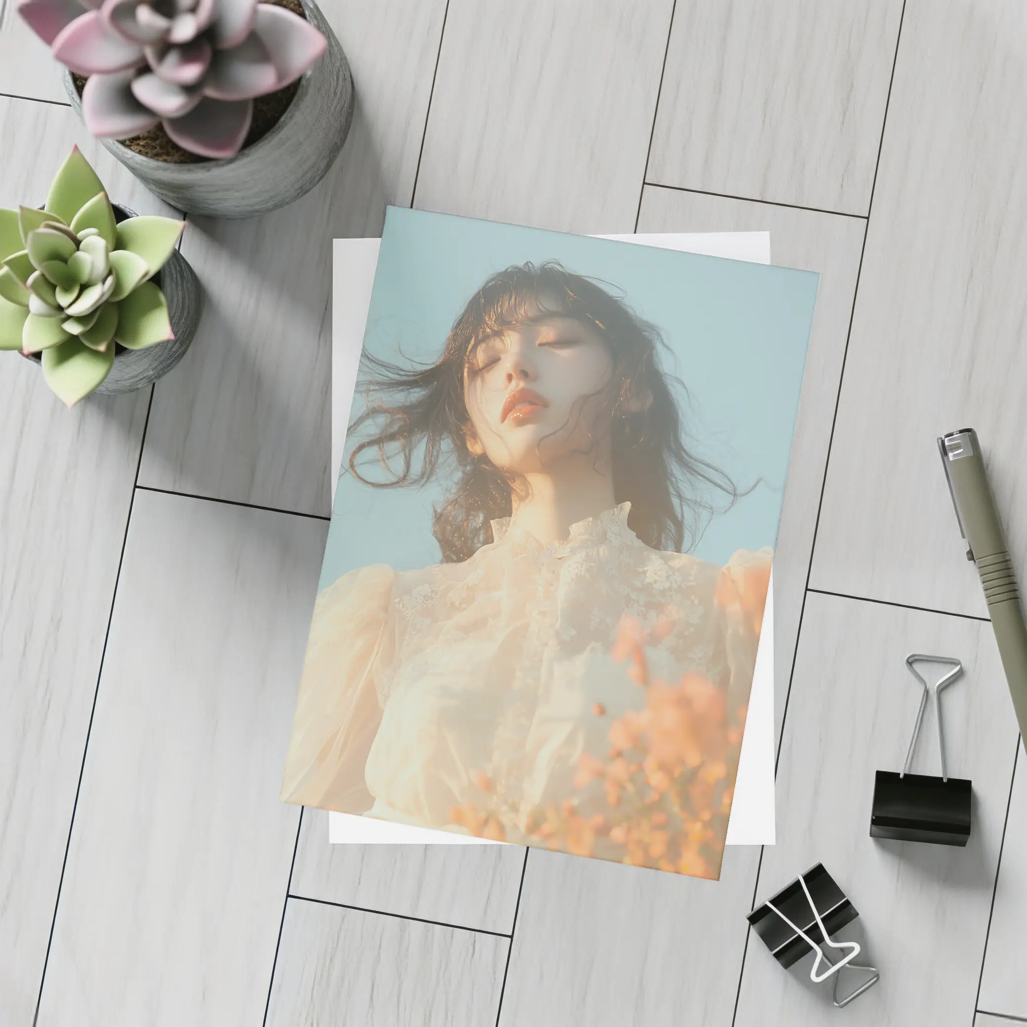 Young Woman Lace Dress Soft Sky Background – Postcards