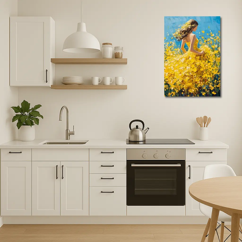 Woman in Yellow Dress Among Wildflowers – Wall Art