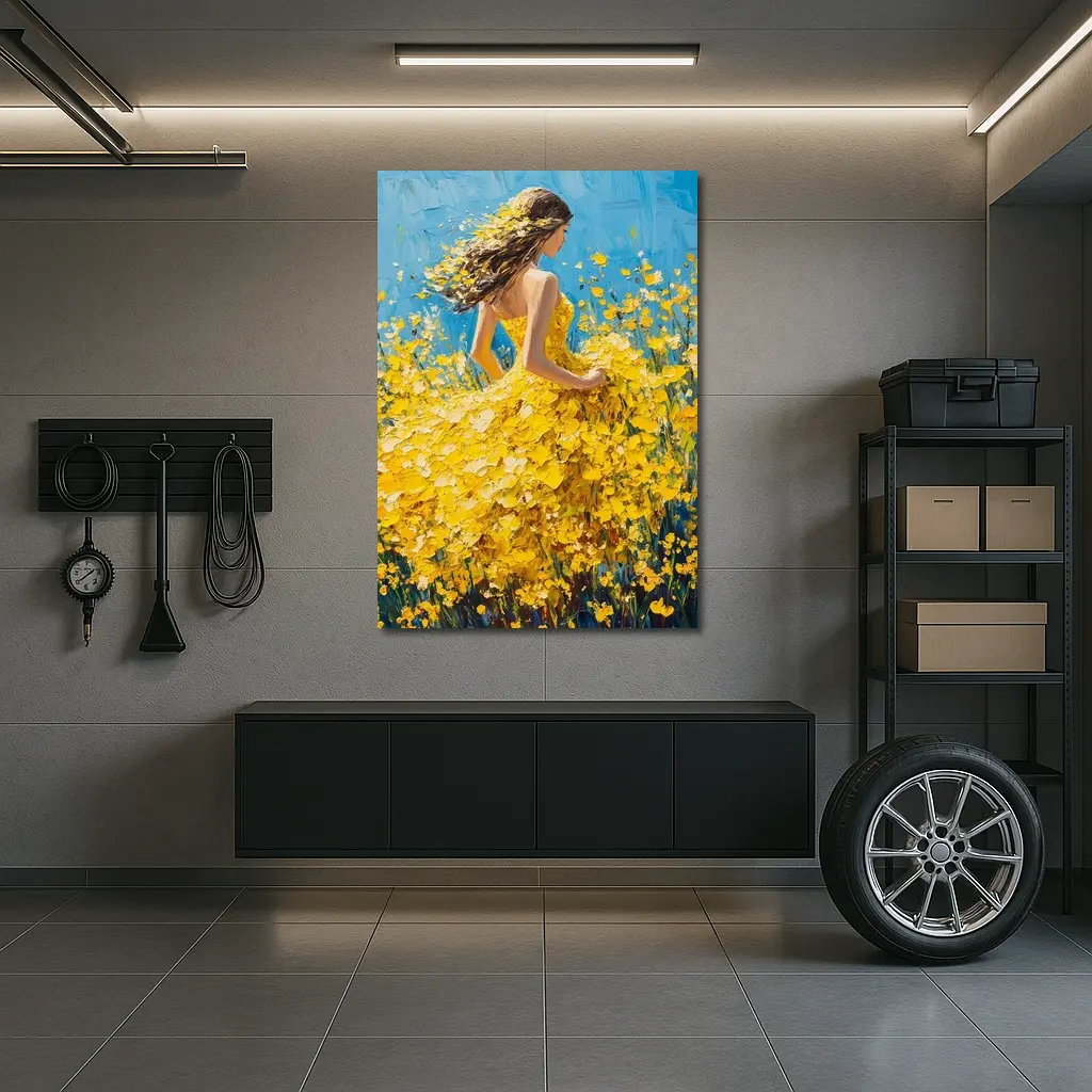 Woman in Yellow Dress Among Wildflowers – Wall Art