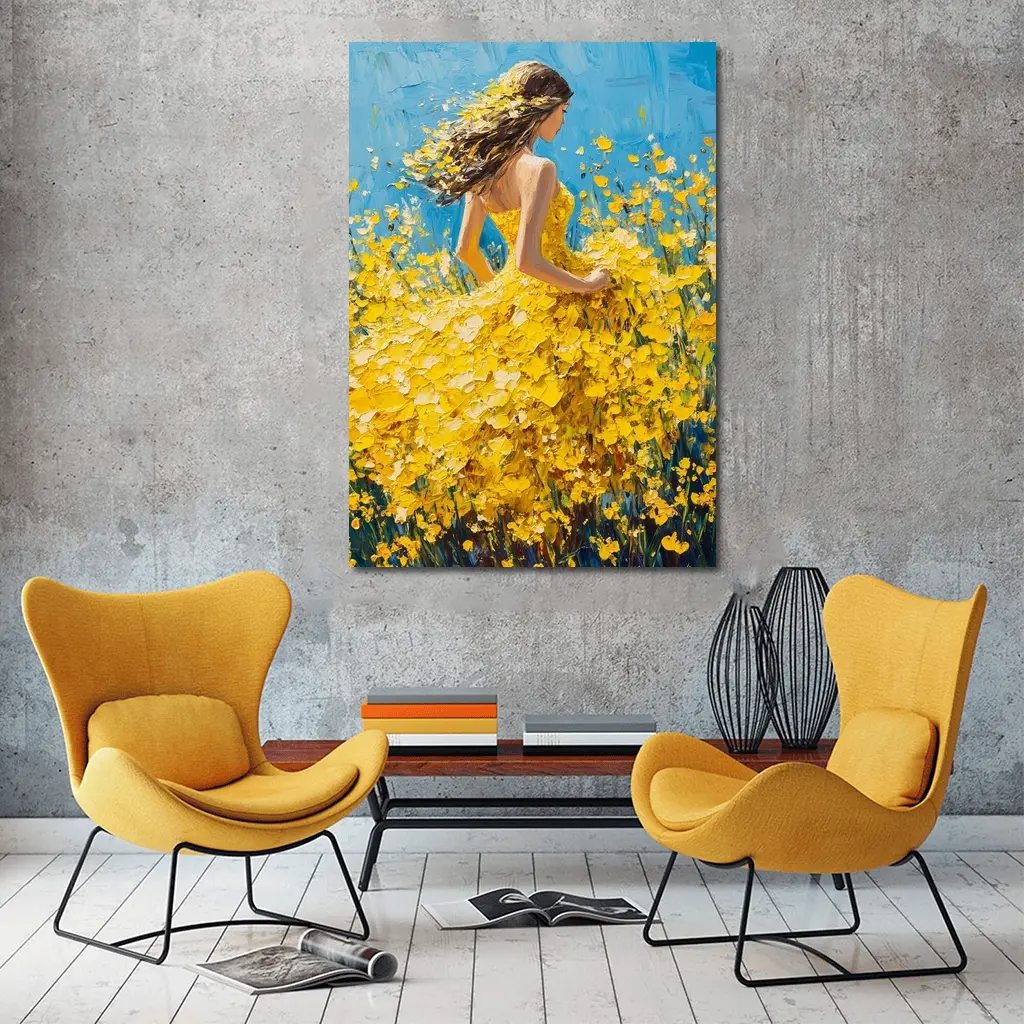 Woman in Yellow Dress Among Wildflowers – Wall Art