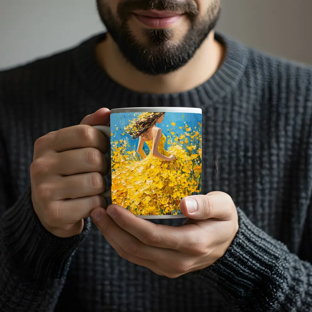 Woman in Yellow Dress Among Wildflowers – Mugs