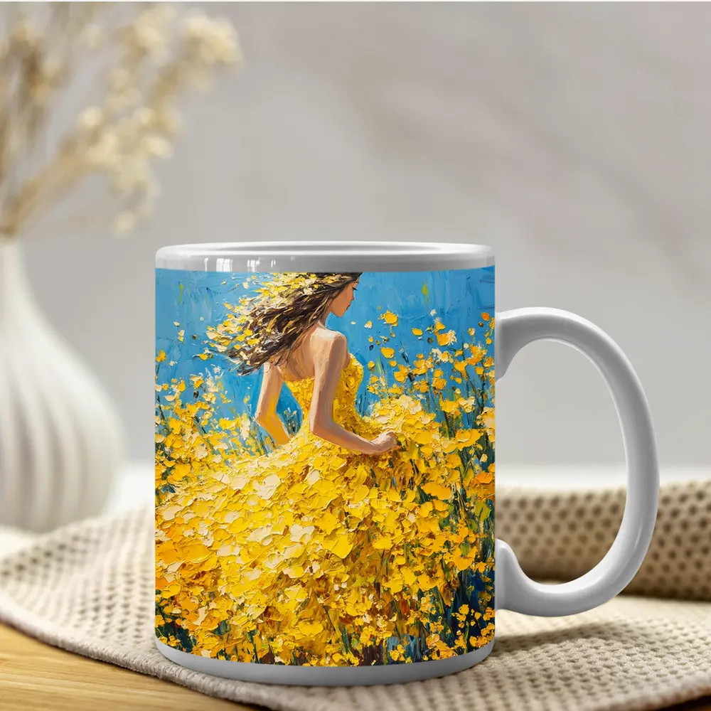 Woman in Yellow Dress Among Wildflowers – Mugs