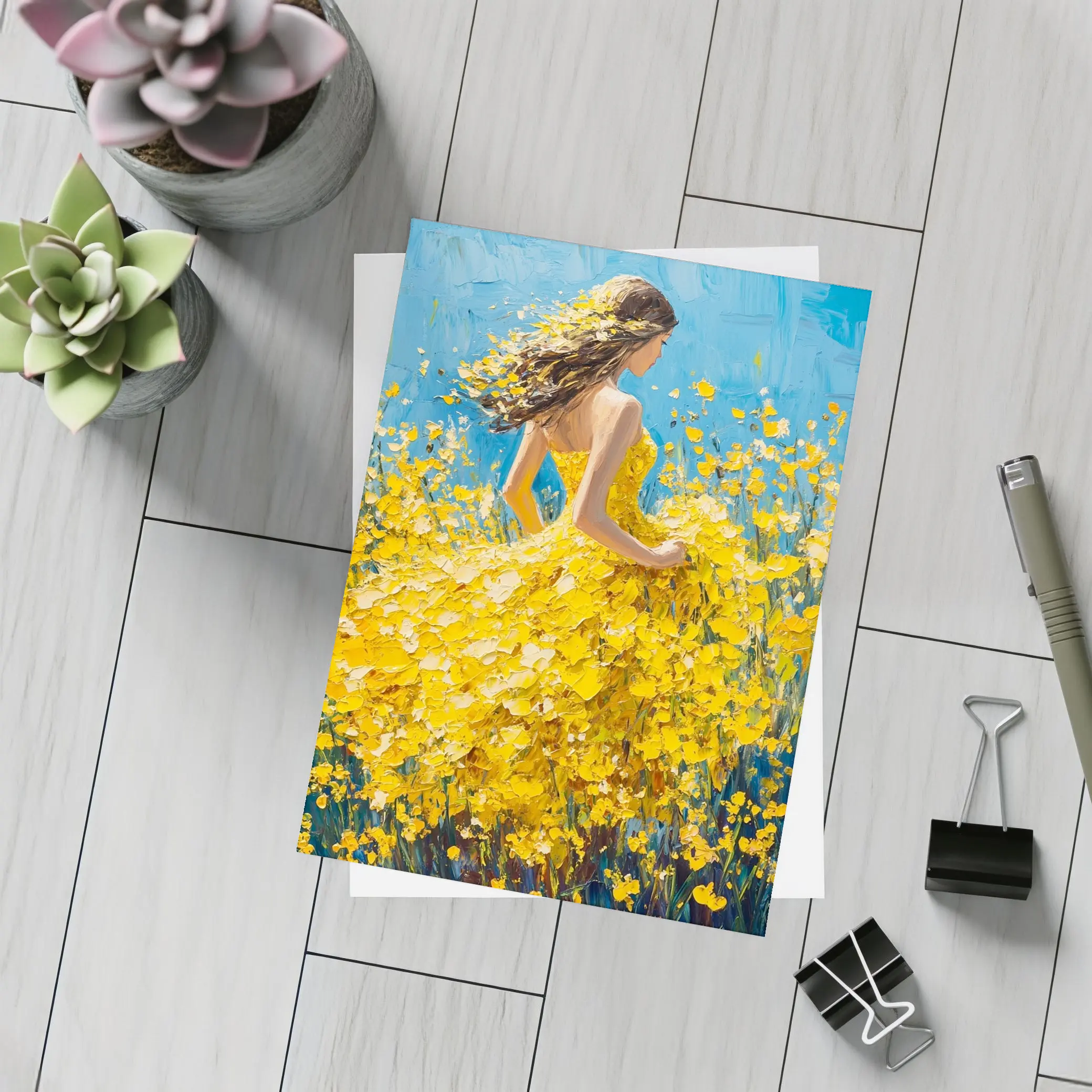 Woman in Yellow Dress Among Wildflowers – Postcards