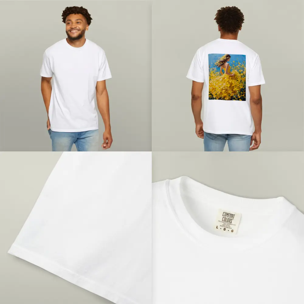 Woman in Yellow Dress Among Wildflowers – T-Shirts