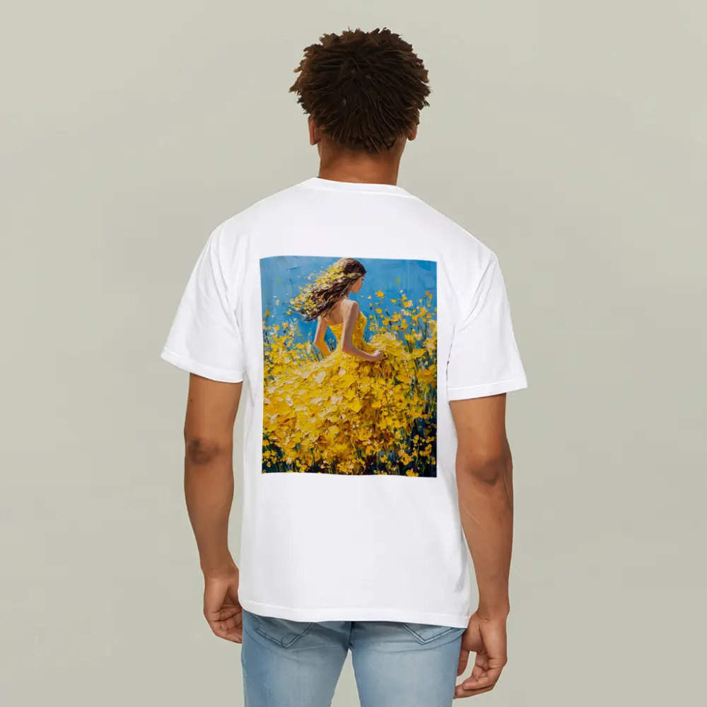 Woman in Yellow Dress Among Wildflowers – T-Shirts