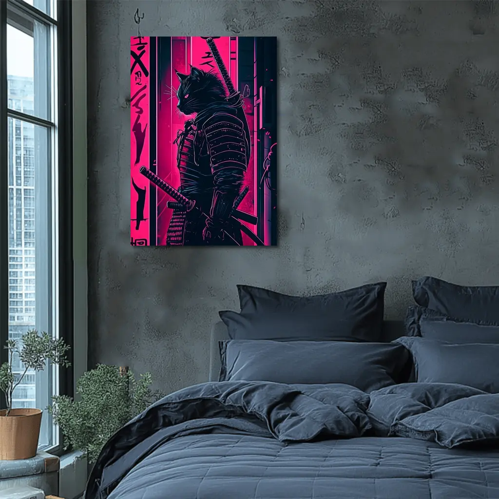 Black Cat Samurai Neon Pink City Night – Wall Art