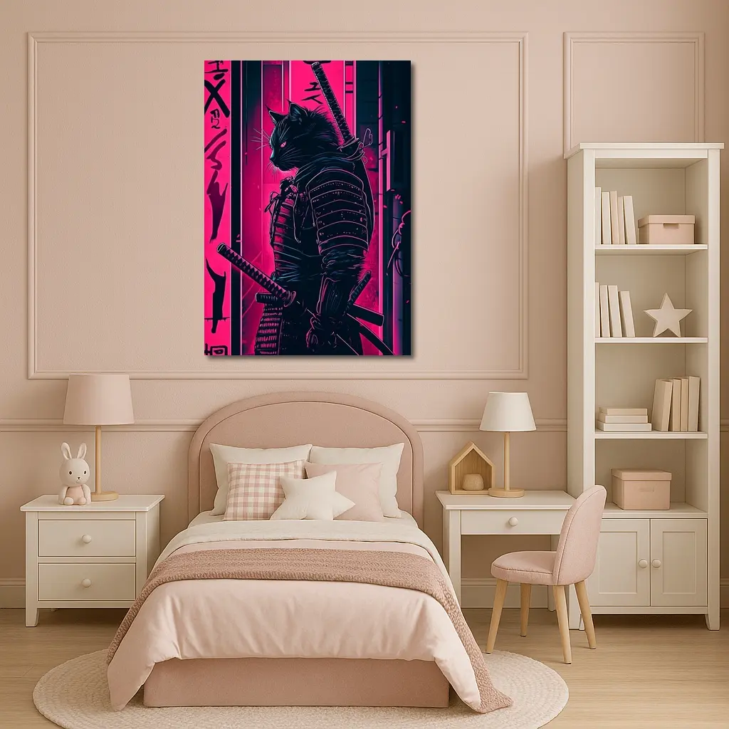 Black Cat Samurai Neon Pink City Night – Wall Art