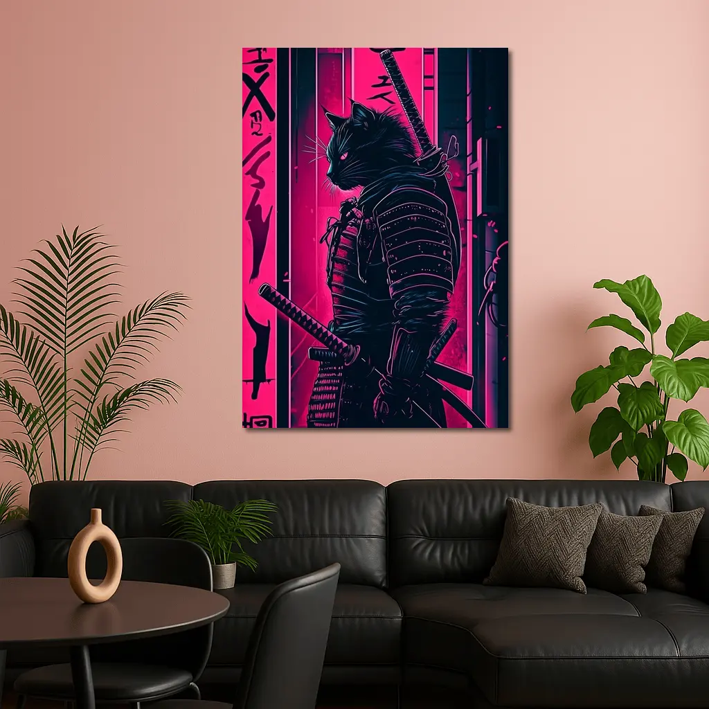 Black Cat Samurai Neon Pink City Night – Wall Art