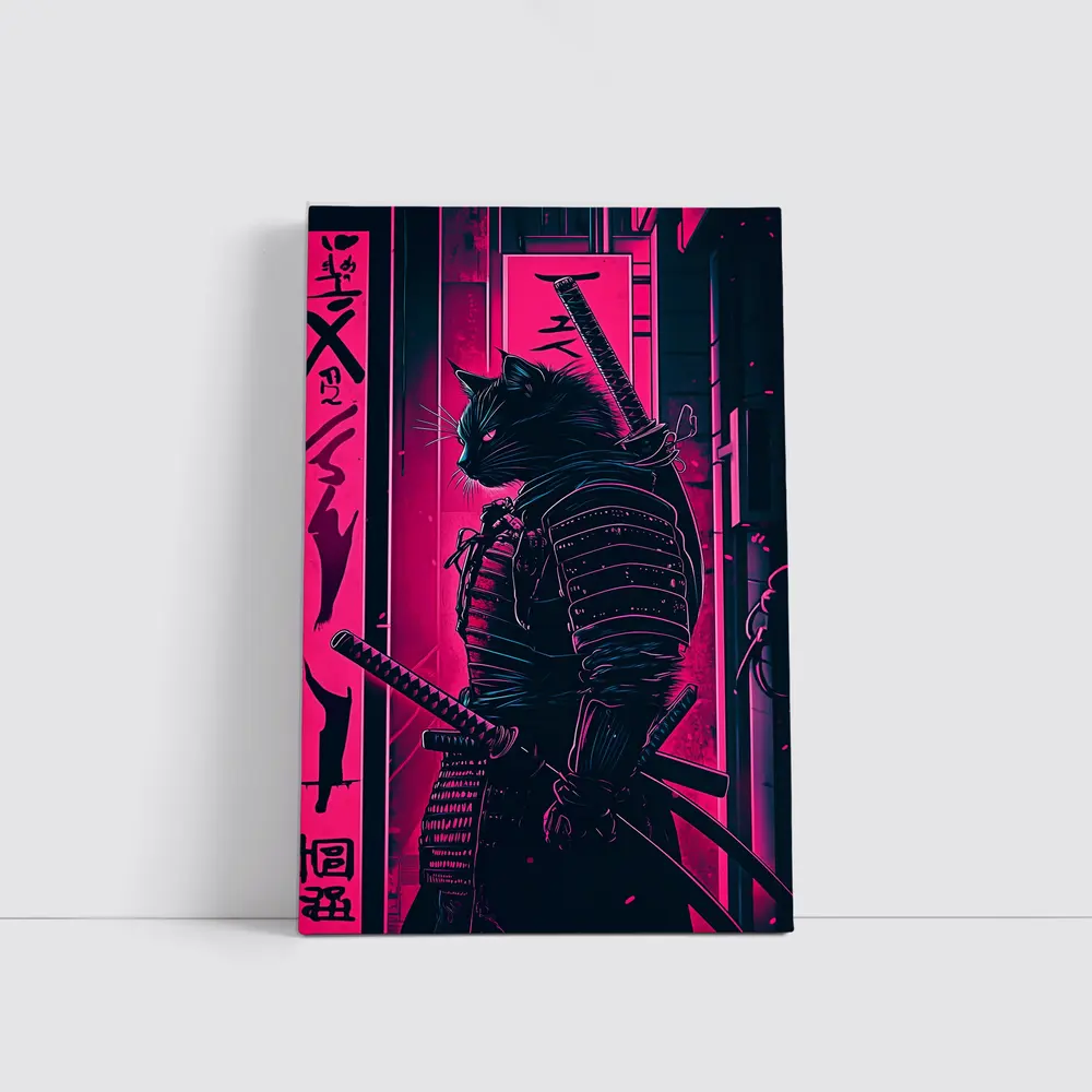 Black Cat Samurai Neon Pink City Night – Wall Art