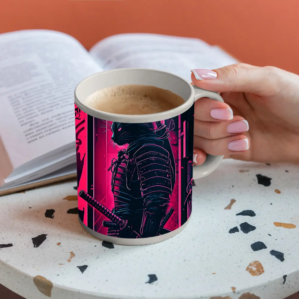 Black Cat Samurai Neon Pink City Night – Mugs