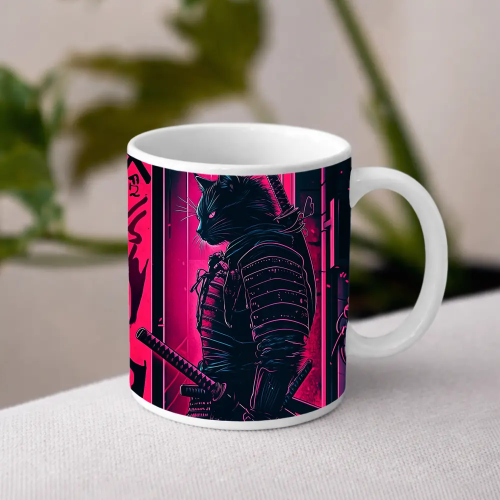 Black Cat Samurai Neon Pink City Night – Mugs