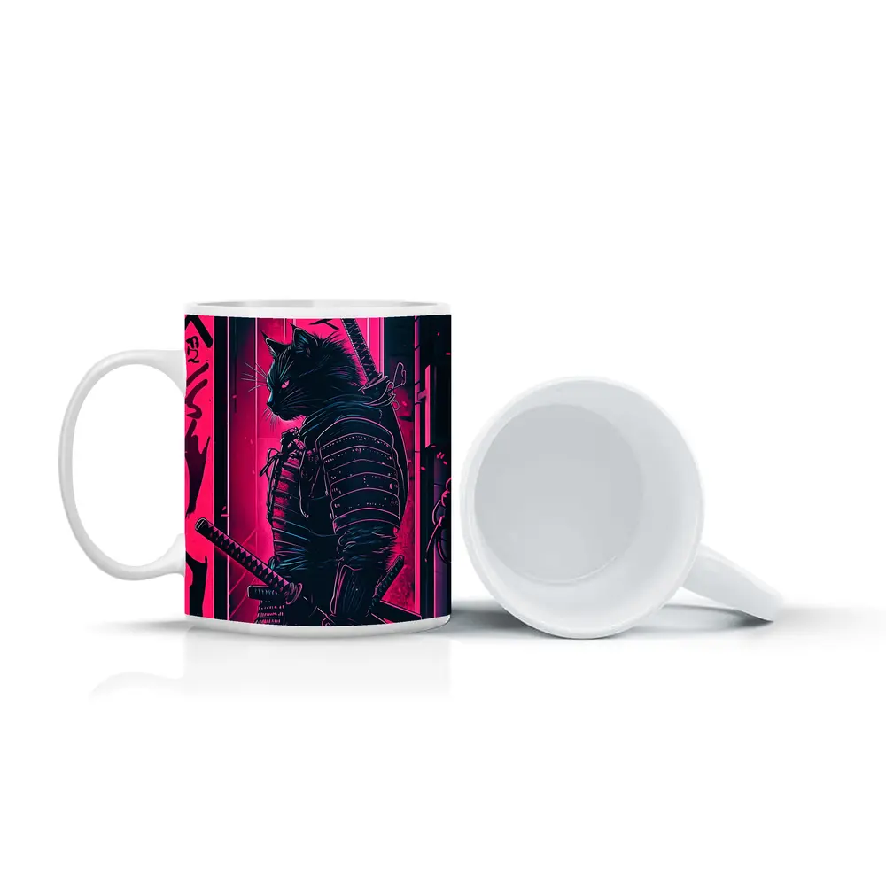 Black Cat Samurai Neon Pink City Night – Mugs