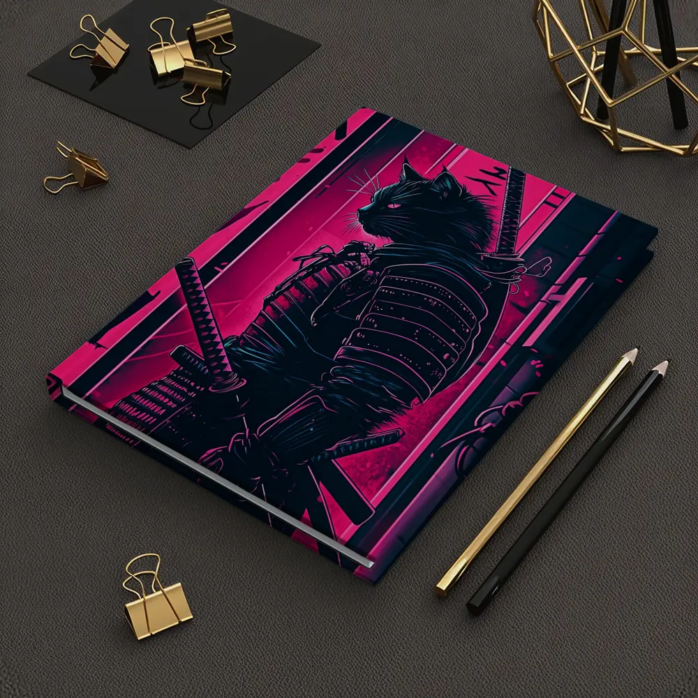 Black Cat Samurai Neon Pink City Night – Notebooks