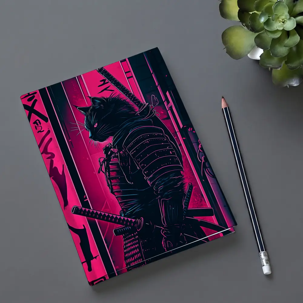 Black Cat Samurai Neon Pink City Night – Notebooks