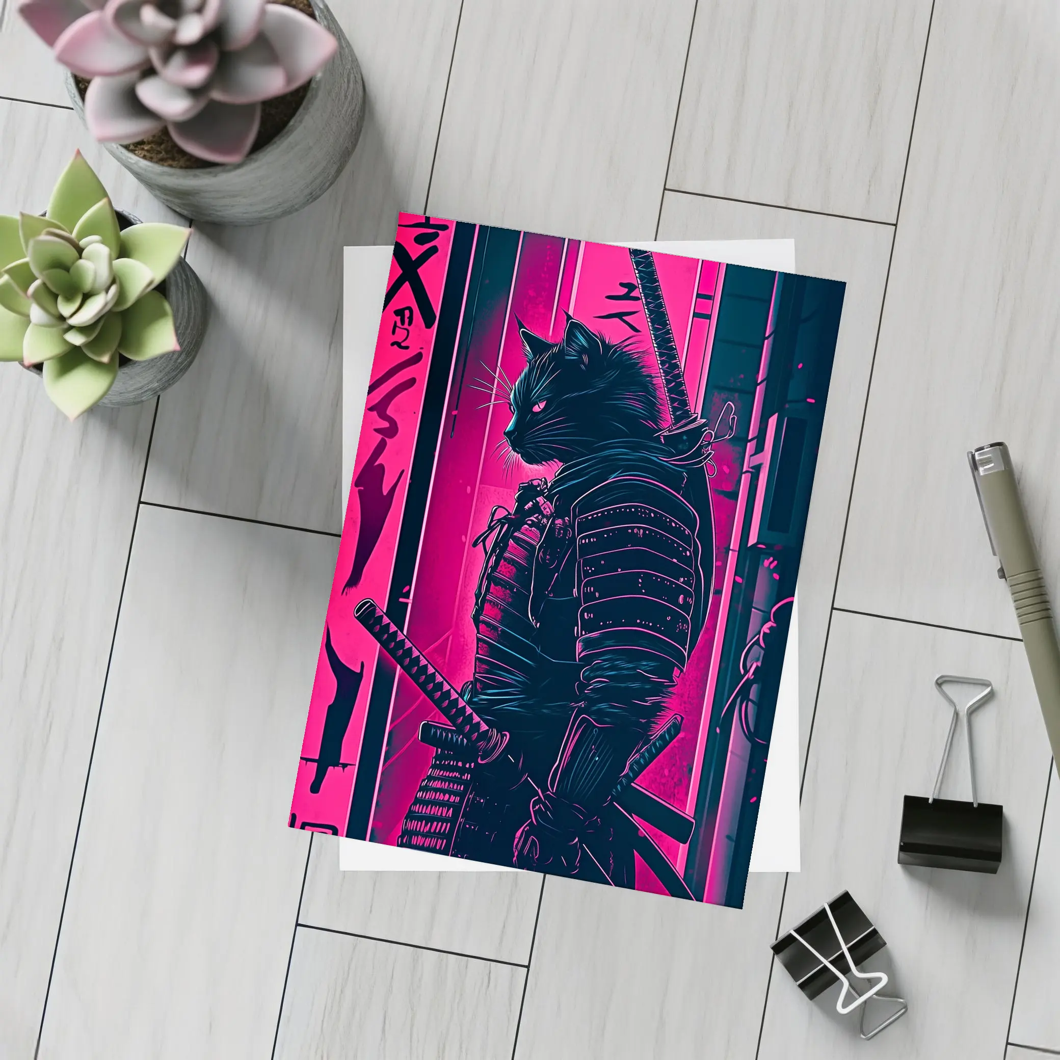 Black Cat Samurai Neon Pink City Night – Postcards