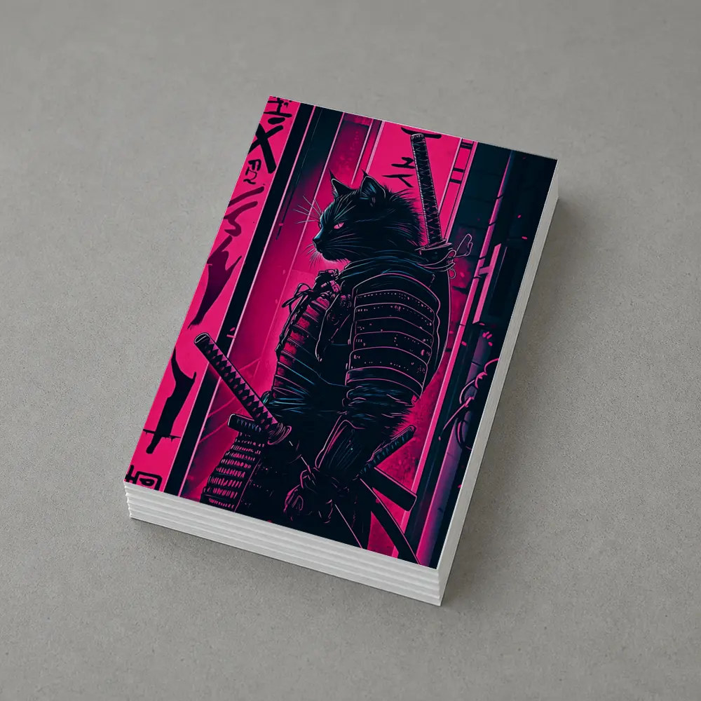 Black Cat Samurai Neon Pink City Night – Postcards