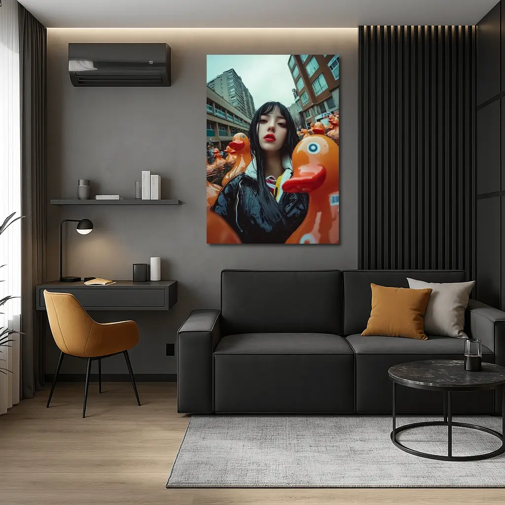 Girl Surrounded By Rubber Ducks Urban Street – Wall Art