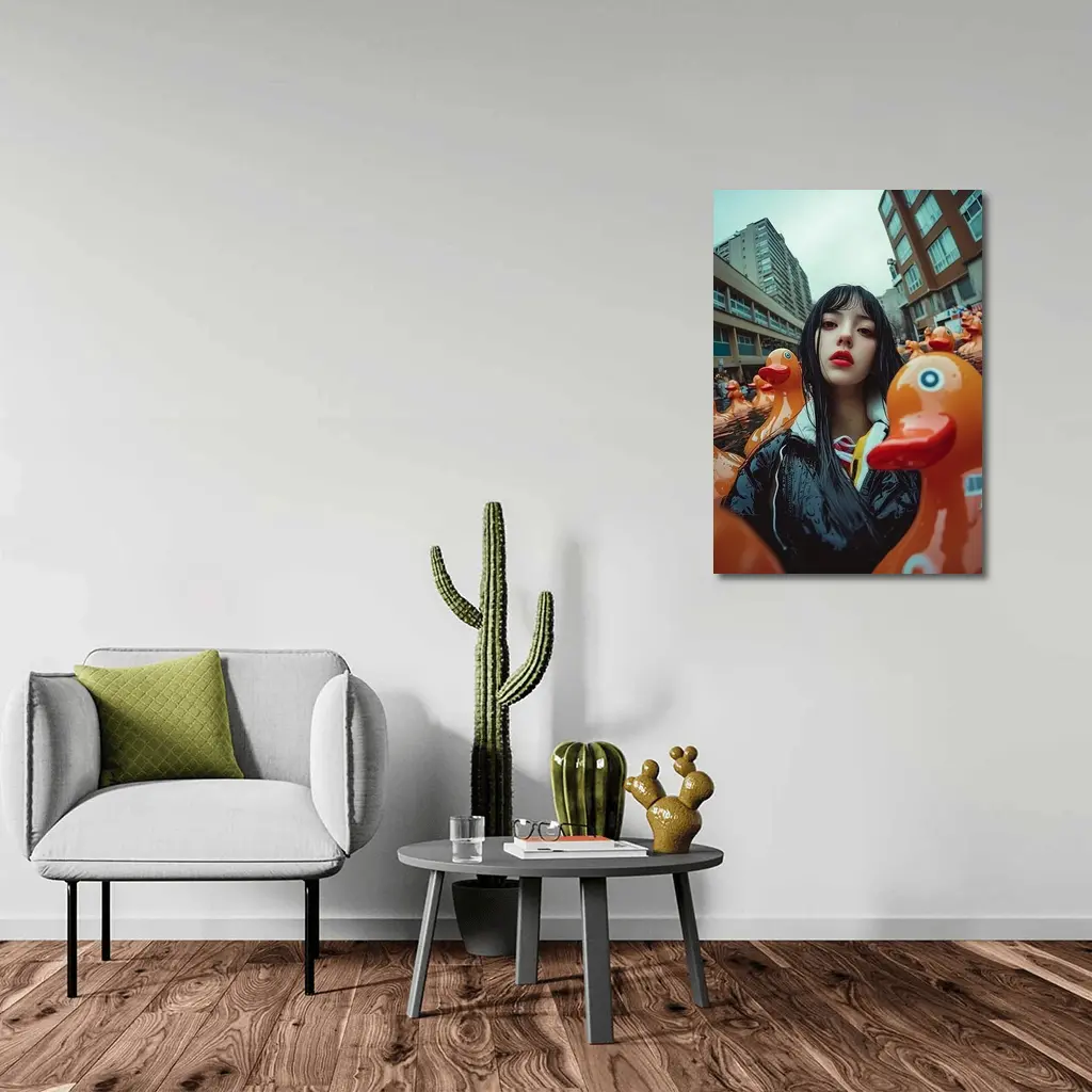 Girl Surrounded By Rubber Ducks Urban Street – Wall Art