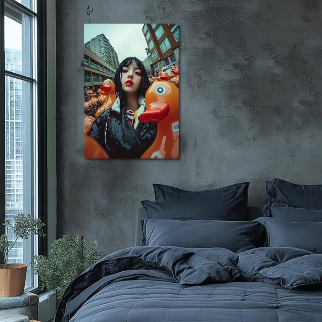 Girl Surrounded By Rubber Ducks Urban Street – Wall Art
