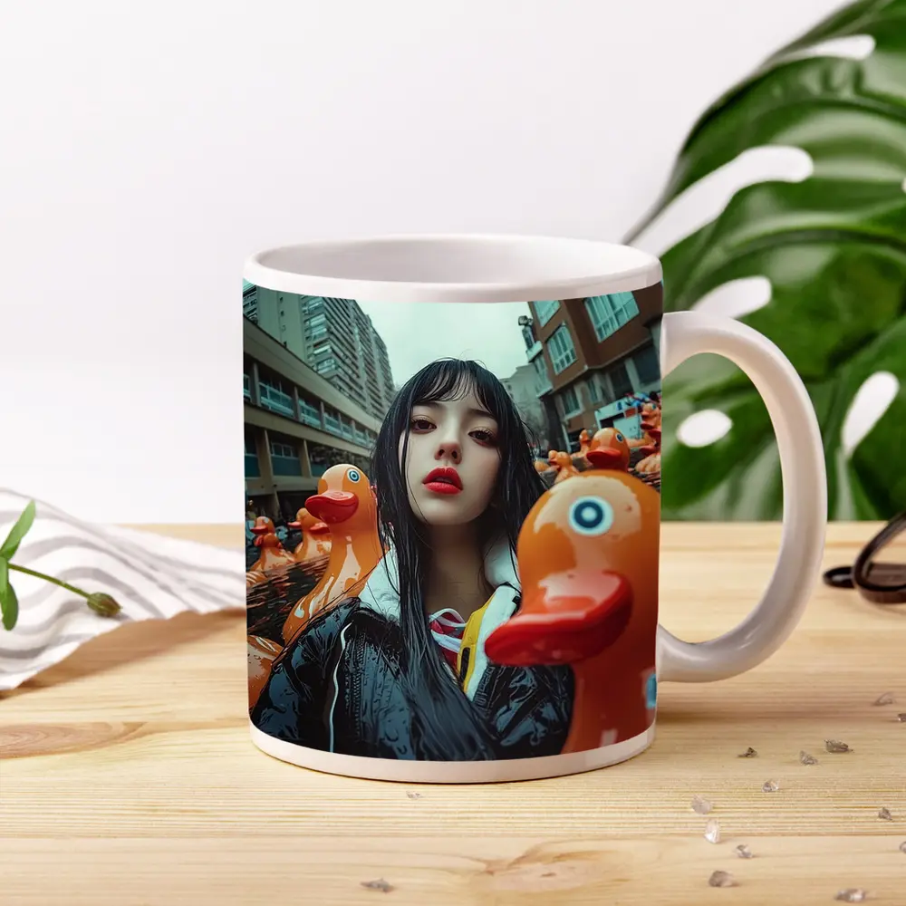 Girl Surrounded By Rubber Ducks Urban Street – Mugs