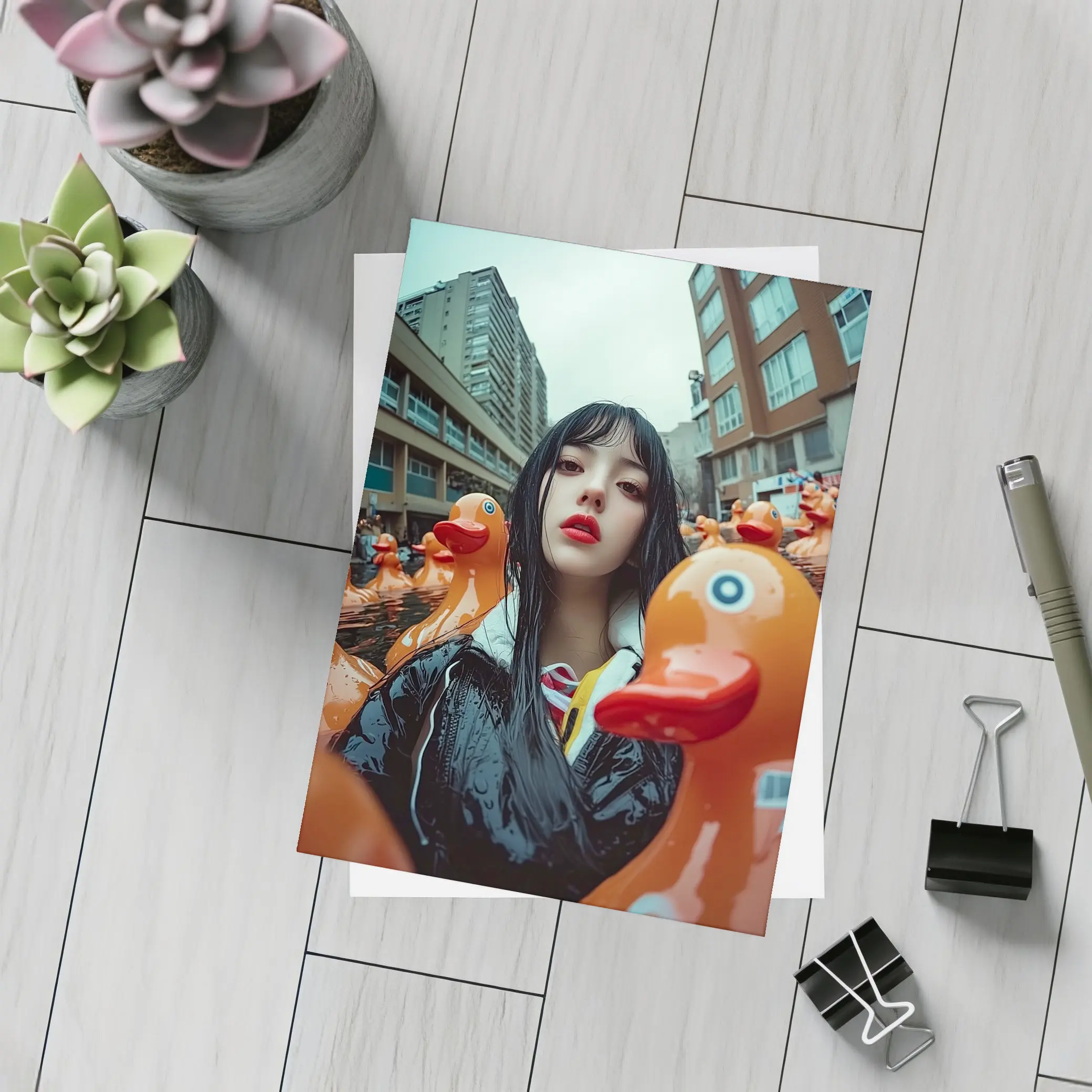 Girl Surrounded By Rubber Ducks Urban Street – Postcards