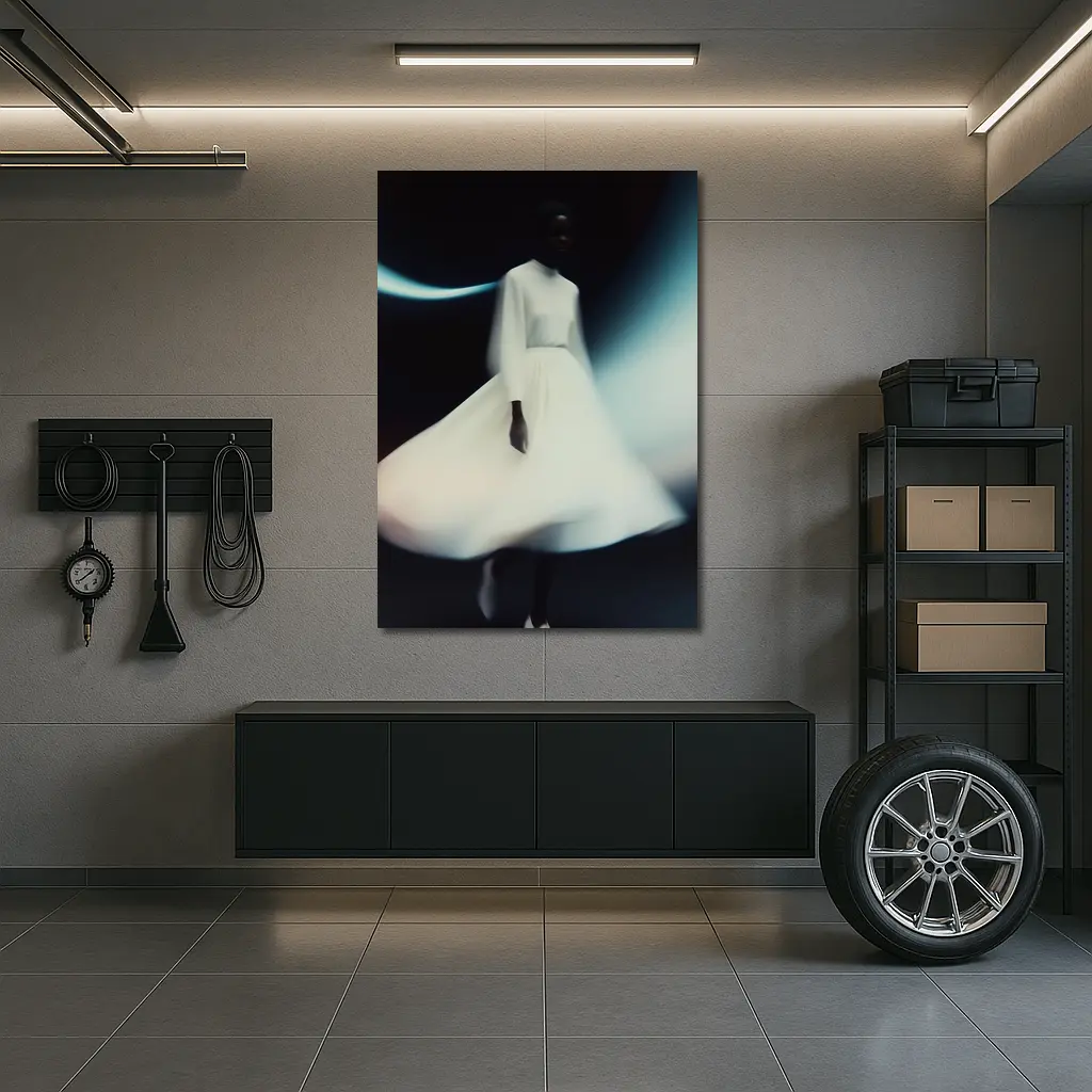 Woman White Dress Spinning Dark Background – Wall Art