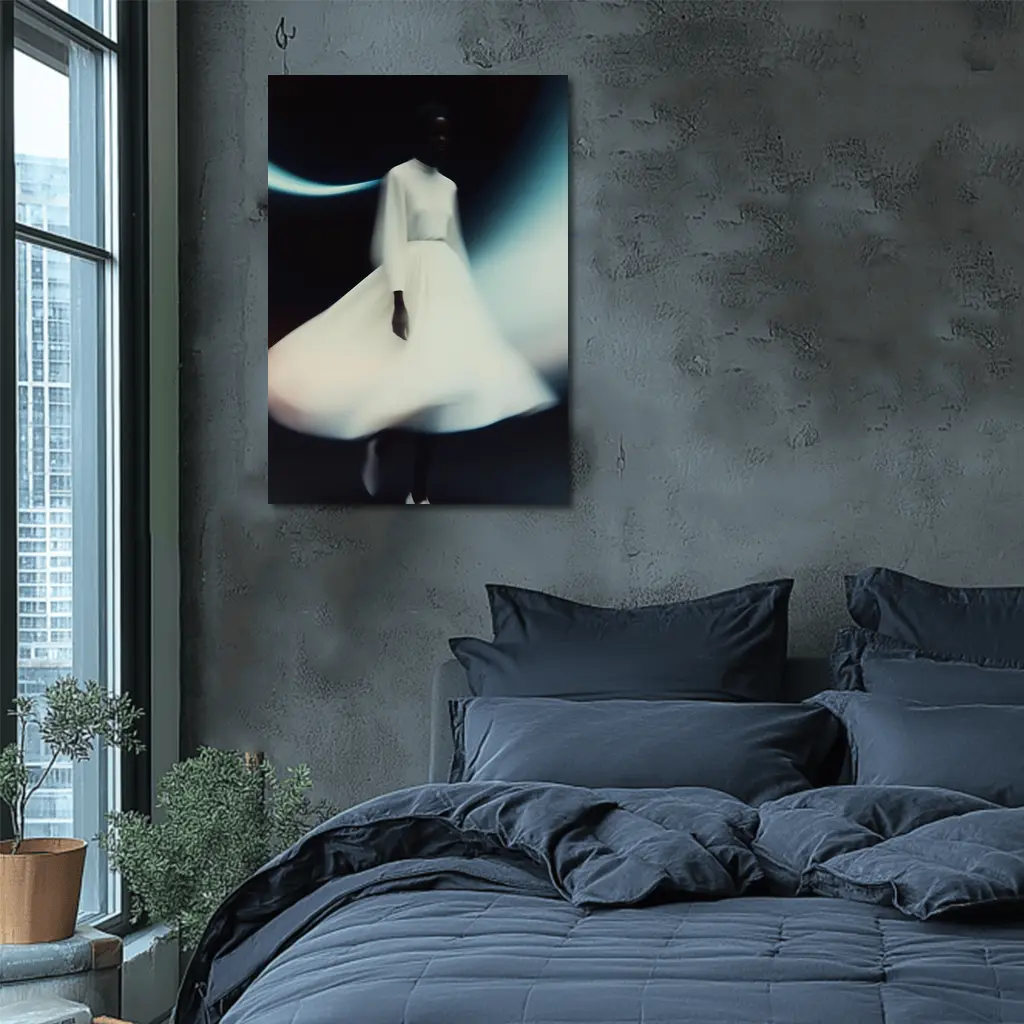Woman White Dress Spinning Dark Background – Wall Art