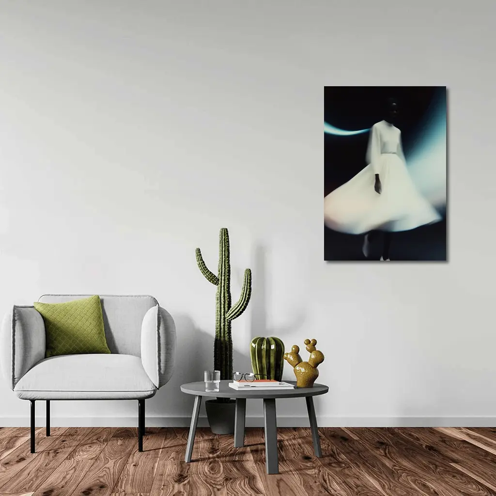 Woman White Dress Spinning Dark Background – Wall Art