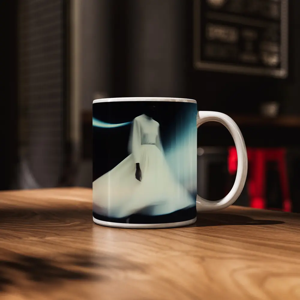 Woman White Dress Spinning Dark Background – Mugs